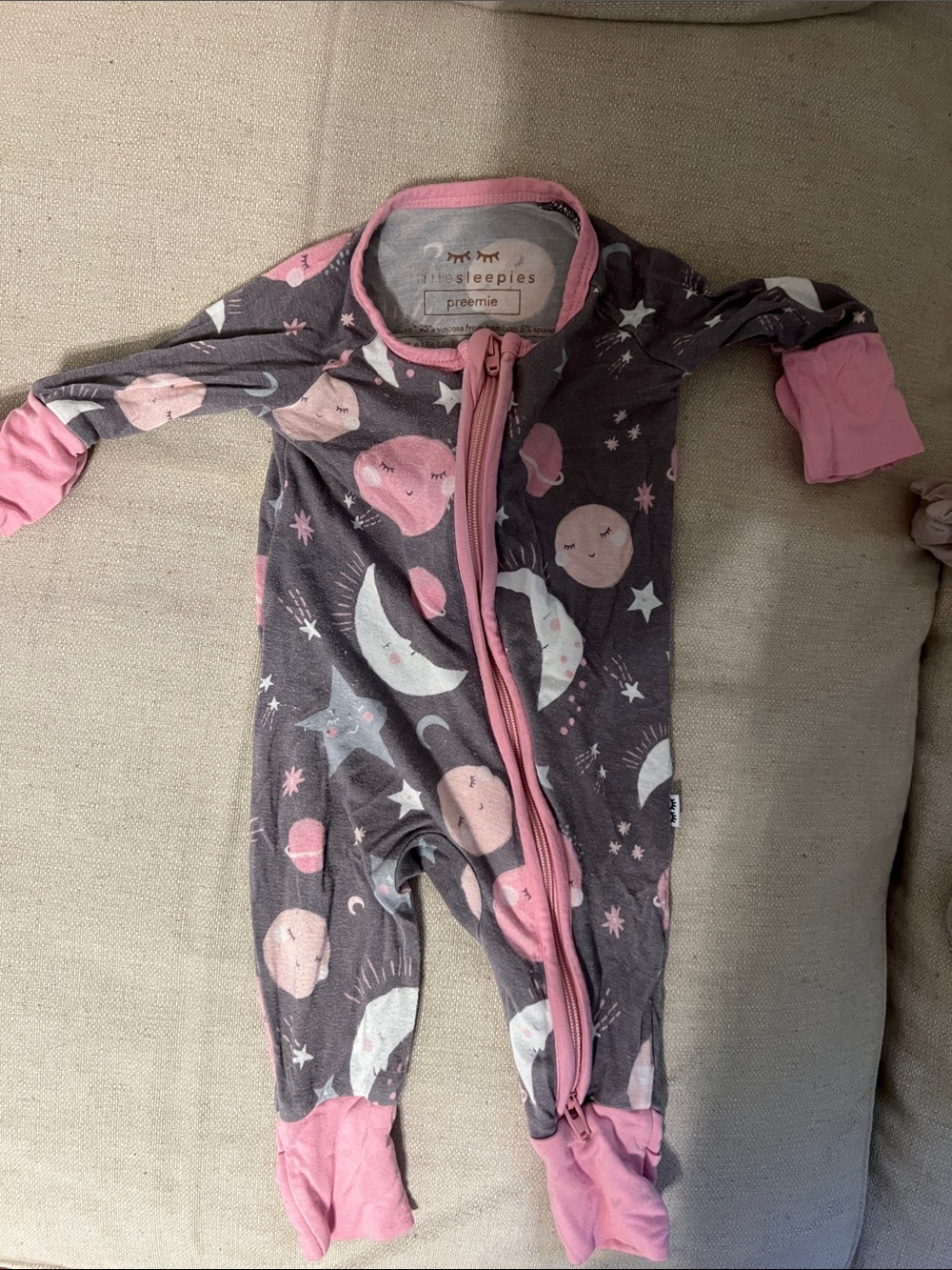Little Sleepies Pink & Gray Moon Print One-Piece Zipper Pajamas